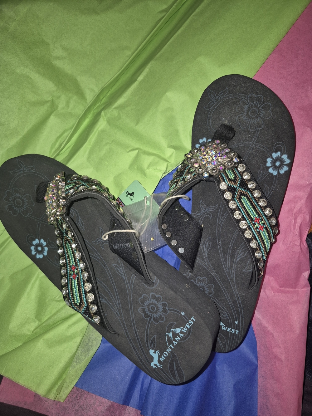 Montana West Black Jeweled Beaded Thong Sandals with Turquoise Accents